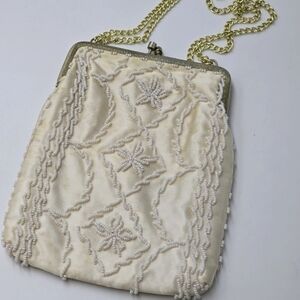 Vintage Hong Kong Beaded Clutch Purse Evening Bag formal wedding ivory 7"